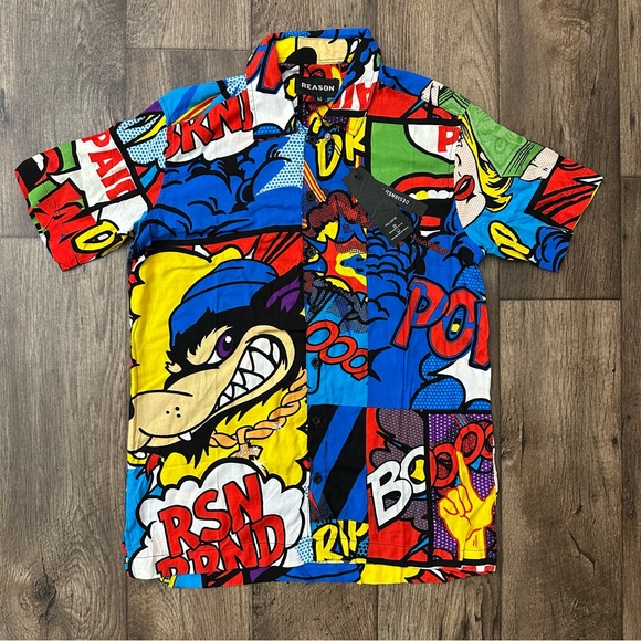 REASON Comic Strip Graphics Art Viscose Lightweight Shirt Mens Sz MMulticolour